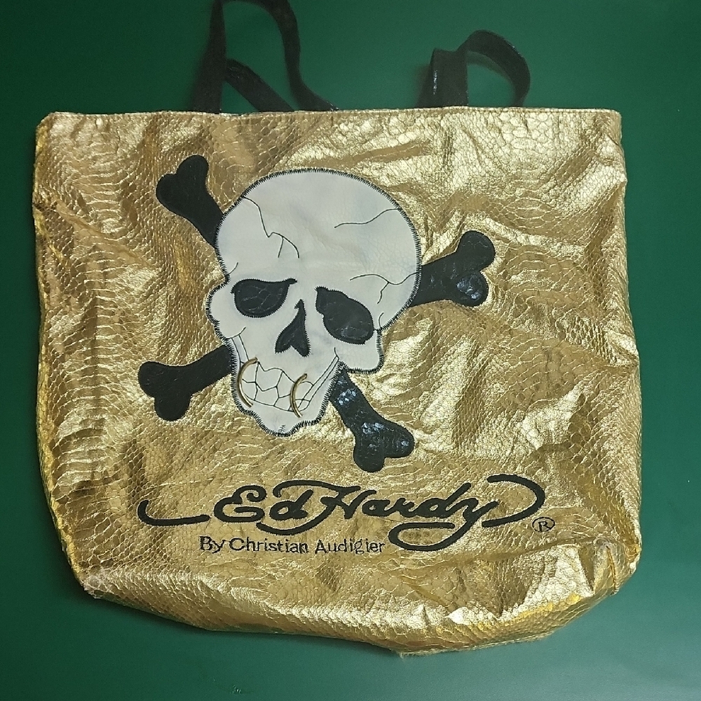Ed Hardy Gold Skull Tote Bag